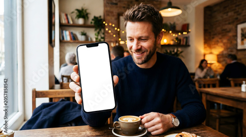 Smiling man showing mobile phone with blank white screen mockup in cozy cafe, browsing digital app, coffee break and lifestyle photography concept. 8k. AI
