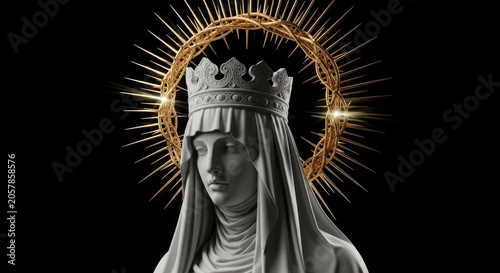 Female religious statue wearing crown and radiating golden halo.