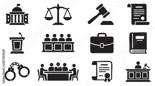 Quadro su tela law, justice, court icons, 12 black vector symbols, legal, judiciary