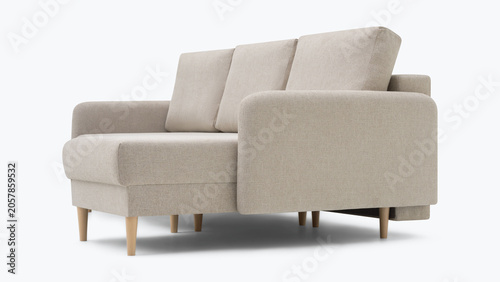 Stylish beige fabric loveseat sofa with wooden legs isolated on plain white