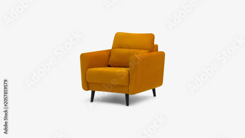 Stylish mustard yellow upholstered armchair with black legs on white