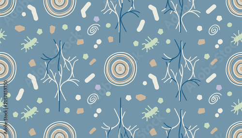 Bild auf Leinwand Seamless pattern of circular walnut halves, shell fragments, roots, and dots on slate background
