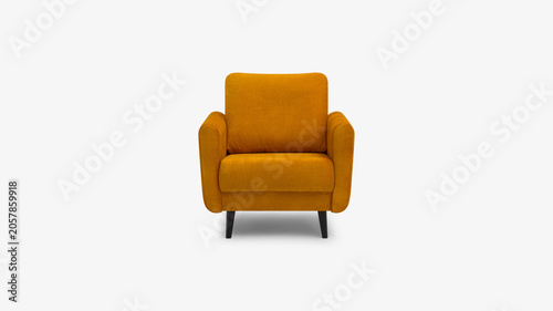 Vibrant mustard yellow velvet armchair with dark legs on white background