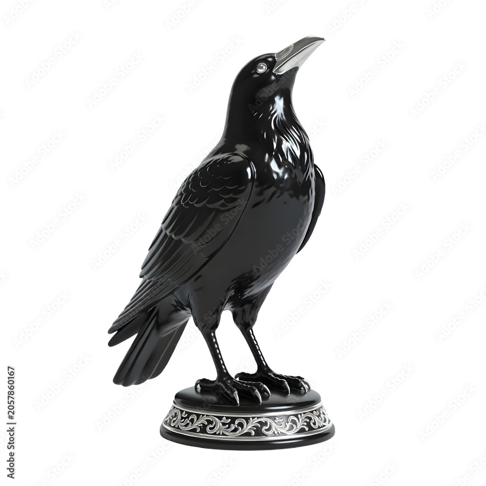 Obraz premium Highly detailed black glossy bird sculpture of a crow or raven with intricate base, realistic feathers and sleek finish, perfect for ornamental decor and art display