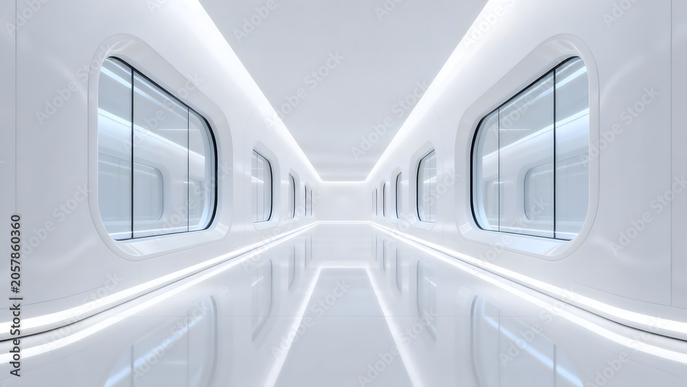 Fototapeta premium Futuristic white corridor with windows
