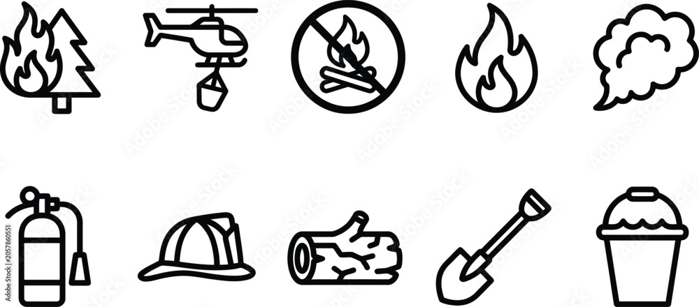 Fototapeta premium Wildfire prevention and safety icons set