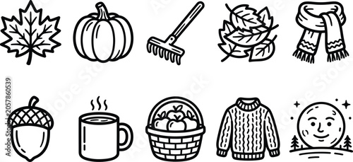 Autumn icons set with seasonal items and cozy elements