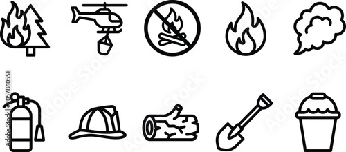 Wildfire prevention and safety icons set