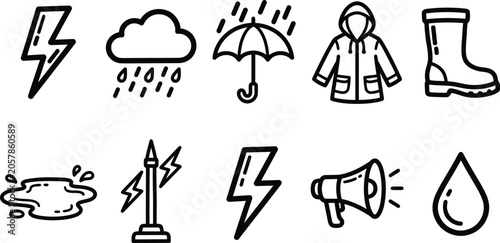 Weather icons set with rain, lightning, and storm symbols
