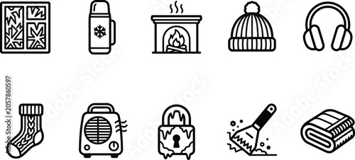 Flat winter comfort and heating icons set