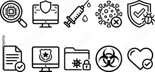 Flat icons set of health, security, and technology concepts