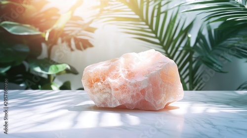 Serene Rose Quartz Crystal on Marble Surface with Tropical Foliage Backdrop