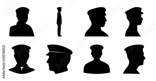 Silhouette police and military headgear collection - Black silhouette set of police caps, military hats, and official headgear icons in clean vector style.
