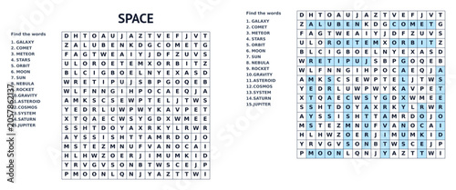 Space theme word search puzzle for kids, find hidden words, printable with answer key