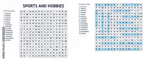 Sports and Hobbies word search puzzle for kids, find hidden words, printable with answer key