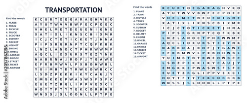 Transportation word search puzzle for kids, find hidden words, printable with answer key