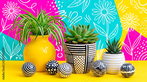 Potted plants and decorative spheres on yellow surface, background wall with bright abstract floral patterns, interior styling, bohemian home decor, still life composition.