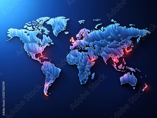 Abstract illustration of a world map featuring glowing lines and vibrant colors on a dark background. Global connectivity concept.