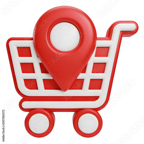 3D Rendered Illustration of a Shopping Cart with a Location Pin Icon, Concept of Online Shopping, Navigation, and Delivery Services, Bright Red and White Colors