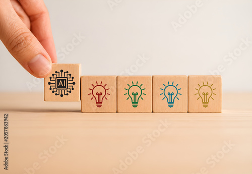 Using AI to generate business ideas. Artificial intelligence tool help business to identify potential opportunities for new products or services, creative ideas or content. AI adoption for business. 