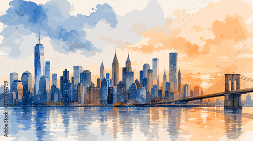 Photos Watercolor painting of the New York City skyline with the Brooklyn Bridge at sunset, reflecting in the water