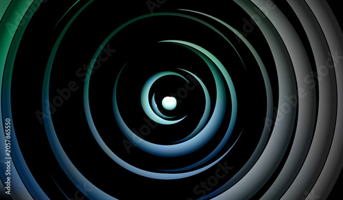 Abstract Green and Blue Concentric Swirls with Central Light Orb on Black Background