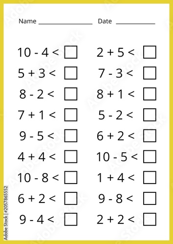 Math worksheet for kids with addition and subtraction problems. Educational activity for preschool learning numbers and comparison. Printable template.