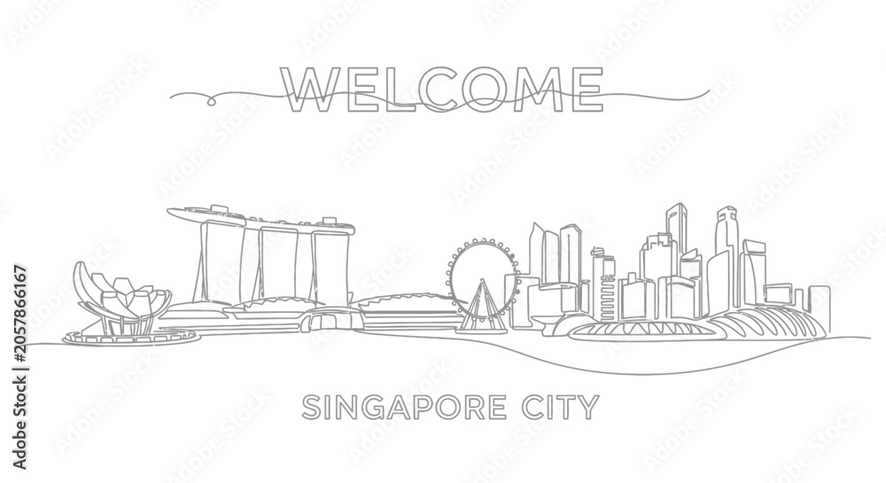 Naklejka premium Singapore skyline illustration: Line art welcome to cityscape