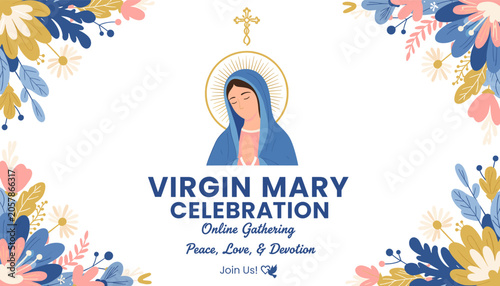 Tableau sur toile A beautiful illustration for a Virgin Mary Celebration, an online gathering focused on peace, love, and devotion, framed by floral elements