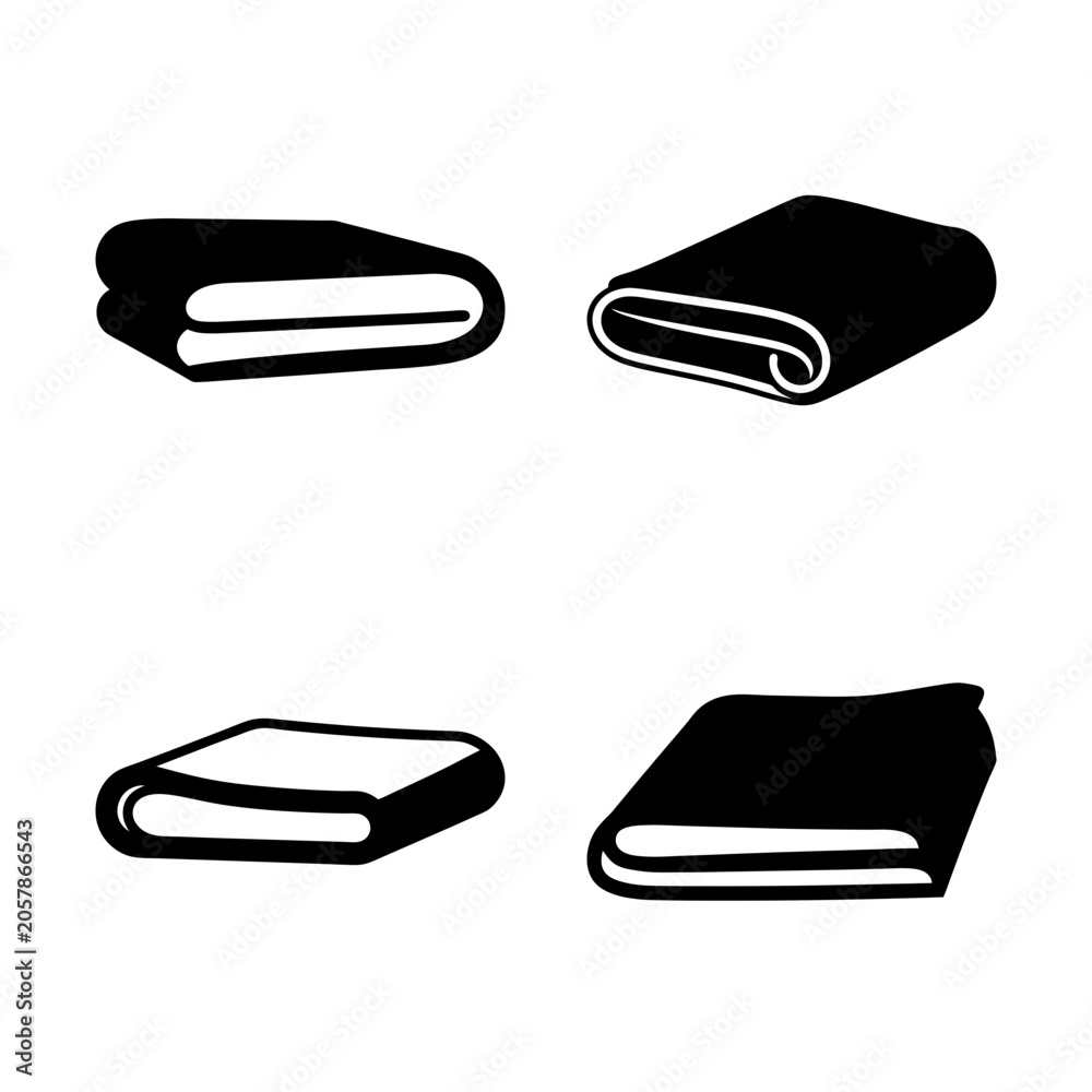 Naklejka premium Four folded fabric or towel icons in black and white - Minimalist black and white vector icons showing different ways to fold fabric or towels, clean and modern design.