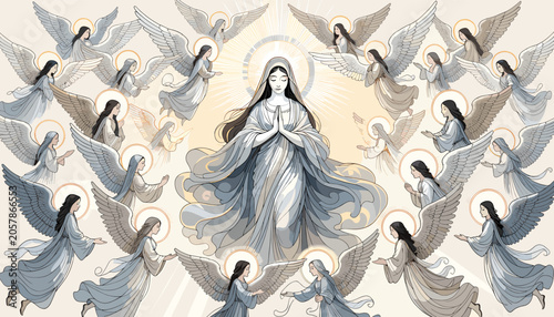 Fotografía Ethereal depiction of the Virgin Mary surrounded by a multitude of winged angels in a heavenly, spiritual scene