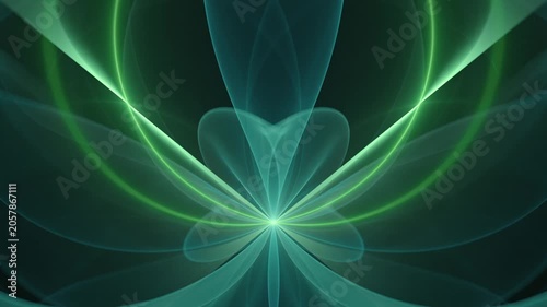 A green and teal symmetrical fractal pulses with fluid curves radiating from a bright center. It conveys a hypnotic, calming message of digital elegance and cosmic energy.