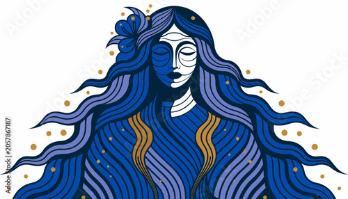 Quadro su tela Stylized illustration of a mystical woman with flowing blue hair and golden accents, representing a divine or ethereal being
