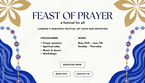Obraz na płótnie An advertisement for the 'Feast of Prayer' festival in London, detailing prayer sessions, spiritual talks, music, dance, and workshops, adorned with rosary beads and decorative patterns