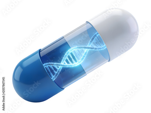 3D digital rendering of a capsule or pill with a glowing DNA strand inside, representing medicine, biotechnology, genetic research, health, and science innovation