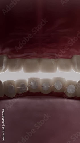 3D animation of lingual braces gradually aligning teeth from the inner side. Modern orthodontic treatment and invisible dental correction concept