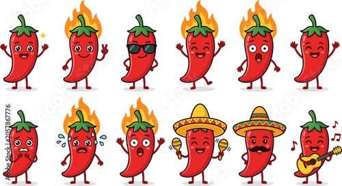 Cute kawaii red chili pepper cartoon mascot character set featuring funny spicy peppers with fire flames expressions maracas and guitar isolated on white background
