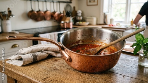 Copper cooking pan with wooden handle on rustic kitchen countertop with tomato sauce