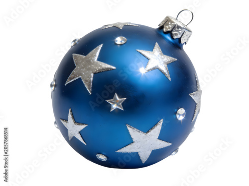 Close-up of a shiny blue Christmas ornament ball with glittering silver stars and rhinestones, metal cap, Christmas decoration, holiday ornament