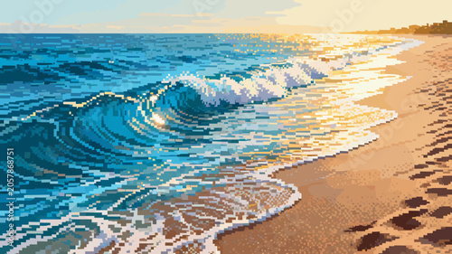 Bild auf Leinwand Pixel art of a serene beach scene with gentle waves lapping onto the sandy shore during a golden sunset