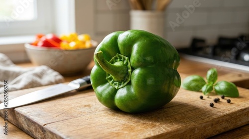 Green bell pepper on a wooden cutting board in a kitchen with knife and basil
