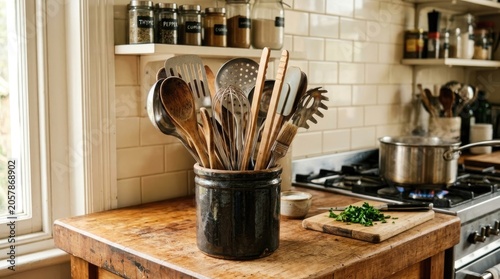 Kitchen utensils in a vintage jar on a wooden countertop