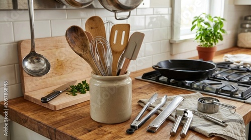 Rustic kitchen scene featuring wooden cooking utensils in a ceramic crock with stainless steel cookware and fresh herbs