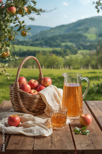 glass decanter with juice on the table, fresh apples in the garden