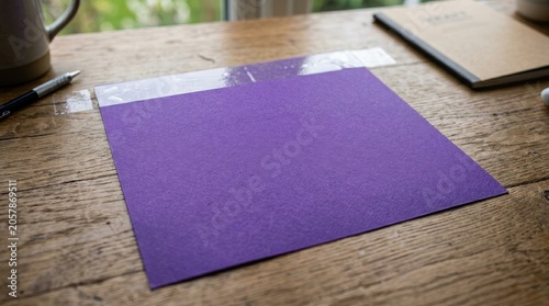 Purple envelope on wooden desk with stationery items