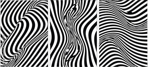 Collection of optical illusion stripe panels with wavy, distorted, and flowing black-and-white patterns – abstract vector illustration set