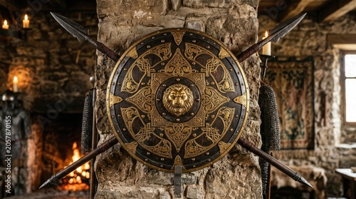 Medieval lion shield with swords on stone pillar in castle