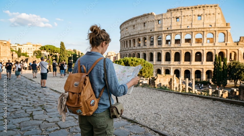 Obraz premium A traveler with a backpack reads a map near the Colosseum in Rome. The concept is adventure, travel planning, and exploring historical landmarks for cultural insight. Generative AI.