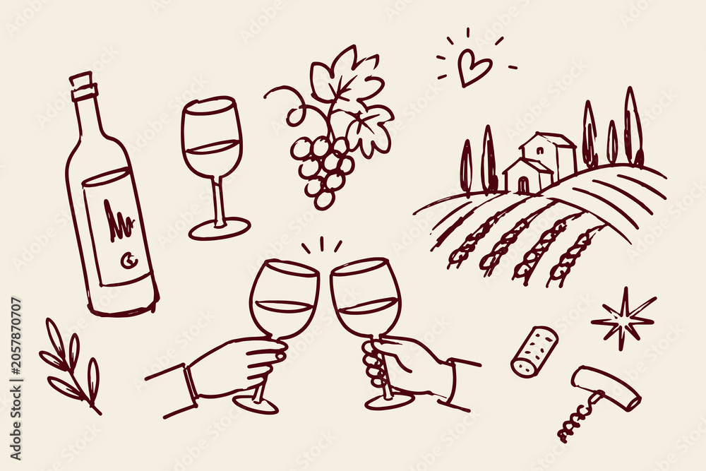 Obraz premium Wine Tasting Set Doodle Sketch Vector Illustration