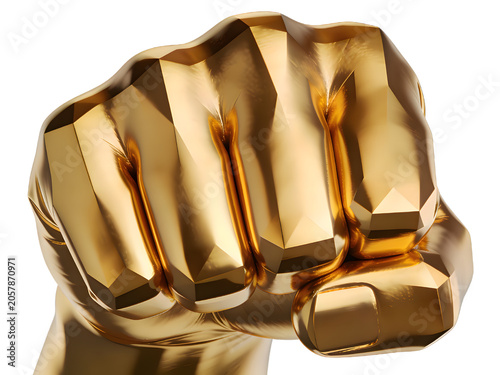 Close-up of a shiny, metallic gold fist with detailed reflections and smooth surface, emphasizing strength, power, confidence, and elegance in a striking visual